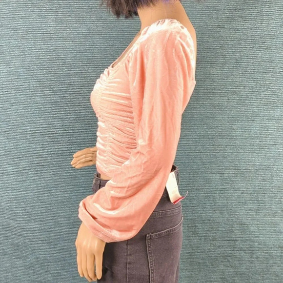 Barbie Pink Velvet Long Sleeve Ruched Crop Top, Square Neckline Juniors - Picture 6 of 13